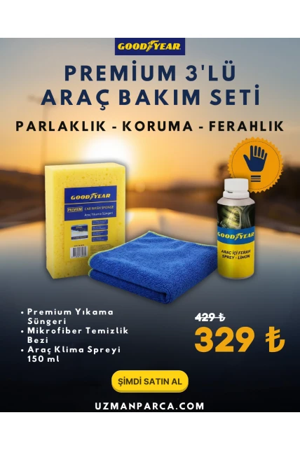 Goodyear Araç Bakım Seti 3’lü – Yıkama Süngeri, Mikrofiber Bez ve Klima Temizleyici Sprey