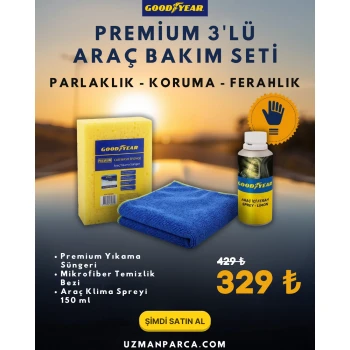 Goodyear Araç Bakım Seti 3’lü – Yıkama Süngeri, Mikrofiber Bez ve Klima Temizleyici Sprey